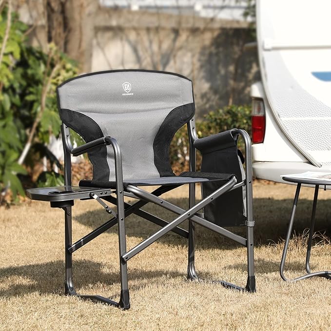 EVER ADVANCED Aluminum Lightweight Folding Director Chair 350lbs Heavy Duty Camping Chair with Side Table &amp Storage 19 Joint-Friendly Height Easy to Stand Portable Makeup Artist &amp Vendor C