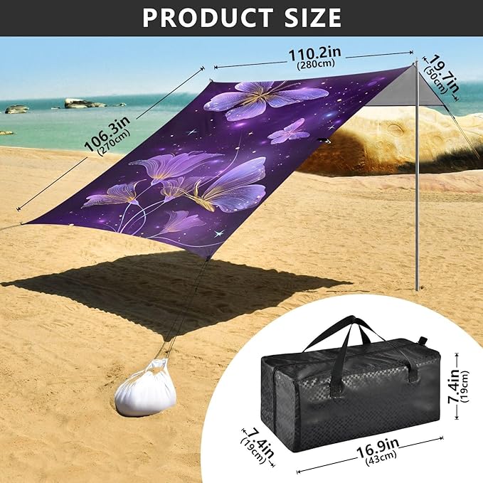ALAZA Purple Butterfly Calla Lily Beach Tent Sun Shelter UPF50+ Protection Beach Shade Canopy w/ 4 Sandbags for Outdoor Camping Fishing Backyard Fun Picnic 10x9 ft