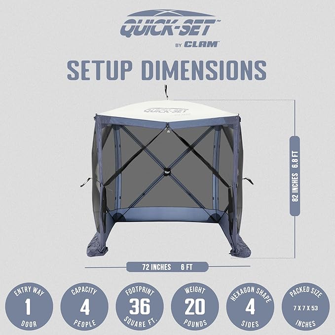 CLAM Pop Up Screen Tent 6' x 6' Outdoor Camping Gazebo Portable 4-Sided Canopy with Ground Stakes &amp Carry Bag Traveler Blue