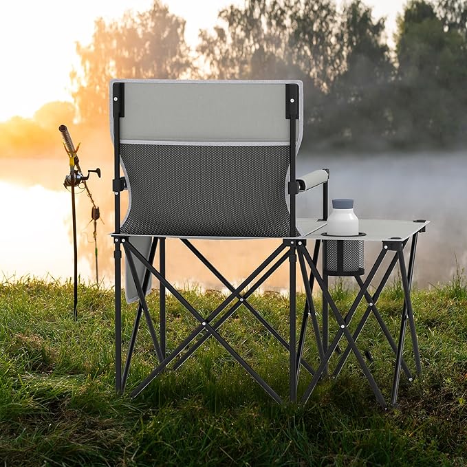 Goplus Oversized Camping Chair with Side Table Folding Heavy-Duty Picnic Chair w/ 2 Storage Pockets Cup Holder Padded Armrests Carrying Bag Portable Outdoor Chair for Fishing RV Trip (Gray2)