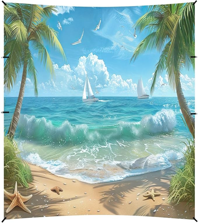 Beautiful Beach Scene Beach Tent Sun Shelter 9.2' x 10.5' Beach Canopy with 4 Sandbags 4 Stability Poles Sand Shovels - Tent Canopy for Beach Camping Fishing Picnics