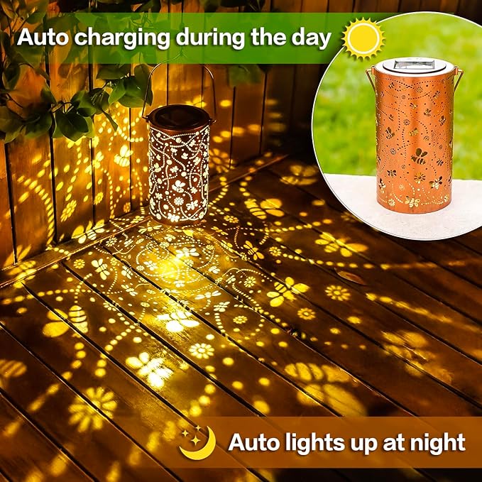 Bee Solar Lanterns Outdoor Waterproof Hanging Solar Lights Bee Gifts for Women Men Metal Decorative LED Bee Lanterns for Garden DecorYardPatioLawnTabletopPathwayLandscape