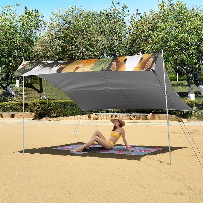 Cute Guinea Pig Beach Tent Sun Shelter 9.2' x 10.5' Beach Canopy with 4 Sandbags 4 Stability Poles Sand Shovels - Tent Canopy for Beach Camping Fishing Picnics