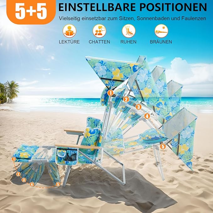 Oversized Heavy Duty Backpack Beach Chair with Sun Canopy Reclining Lounge Chair Tanning Chair with Face Hole 5-Position Foldable Camping Chair for Outdoor Sunbathing Beach Patio Pool (Yellow/Green)