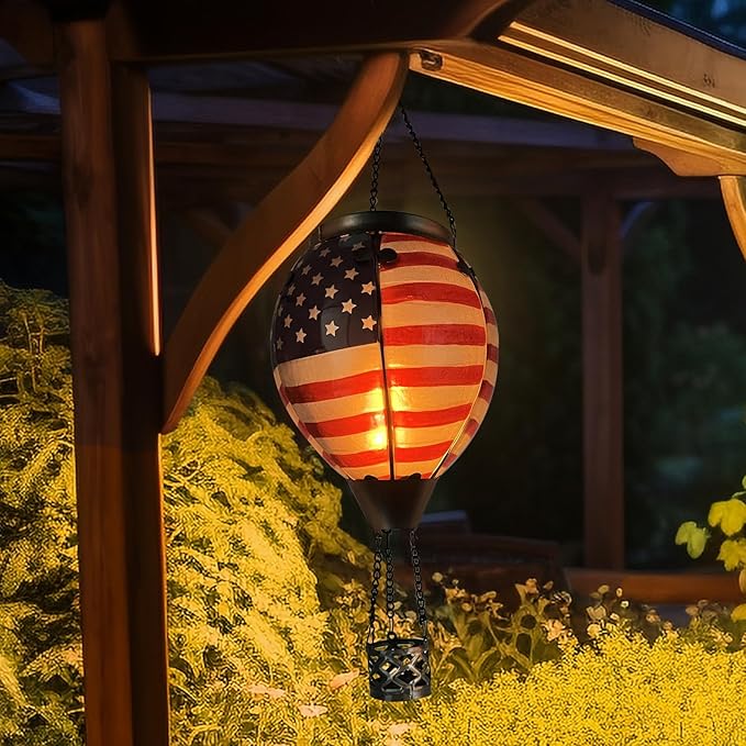 Glass Solar Hot Air Balloon Lantern with Flame Hanging Garden Flickering Light Outdoor Waterproof for Yard Patio Tree 4th of July Decorations Flag