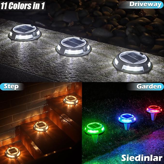 SIEDiNLAR Solar Driveway Lights Outdoor 16 LEDs 9 Modes Dock Markers Deck Lights Waterproof Warning for Driveway Ground Step Walkway Pathway Yard Garden RGB (16 Pack)