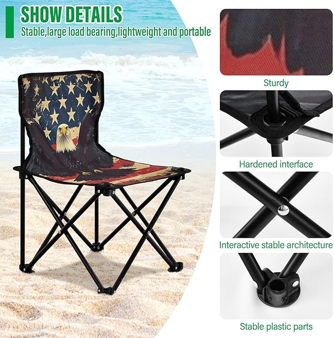 4th of July Independence Day Brown Bird Collapsible Camp Chairs for Adults Heavy Duty Lightweight Packable Chair with Carrying Bag Ice Fishing Chair with Back for Lawn Ice Fishing