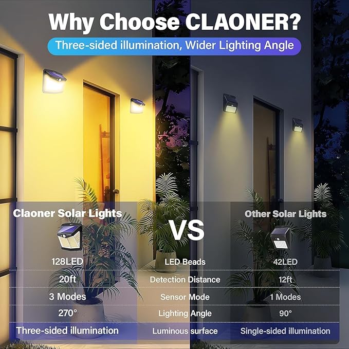 CLAONER Solar Motion Sensor Lights Outdoor 12 Pack Solar Fence Lights IP65 Waterproof Bright 128 LED Security Flood Lights with 270°Wide Angle 3 Lighting Modes Motion Light for Outside Warm White