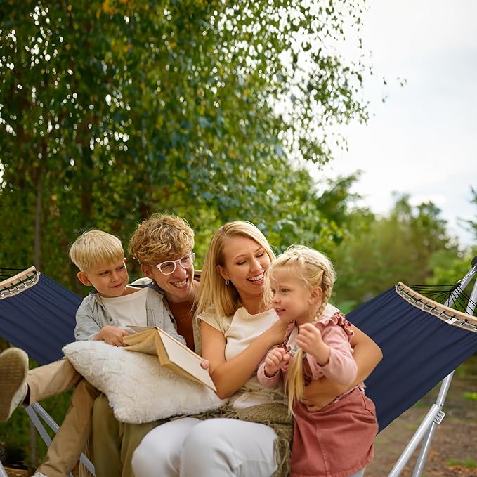 Tranquillo Ultimate Relaxation Portable Hammock Stand Foldable Hammock Stand with Canvas Hammock Spreader Bar Quick Fold Unfold in 30 Seconds Steel Frame Hammock 600 lbs Capacity White/Navy