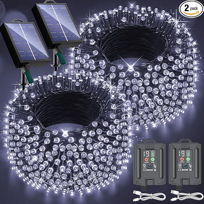 New Upgraded Solar Christmas String Lights Outdoor Waterproof 2 Pack Total 144ft 400 Led Solar &amp USB Rechargeable 19 Mode Solar Power Fairy Lights for Outside Yard Patio Garden Party Xmas Decor W