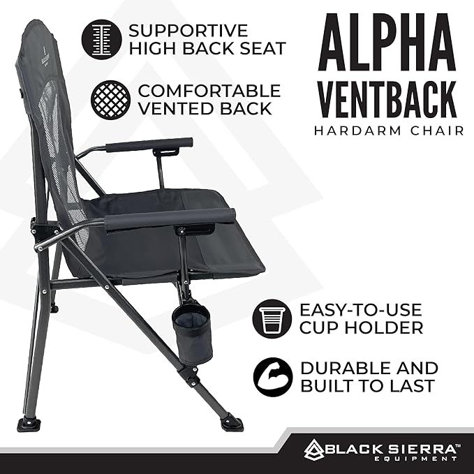 Black Sierra Camping Chair – Folding Portable Lawn &amp Beach Chair with Padded Hard Armrest Mesh Vented Back Spacious Cup Holder Carry Bag – Supports 300 lbs for Sports