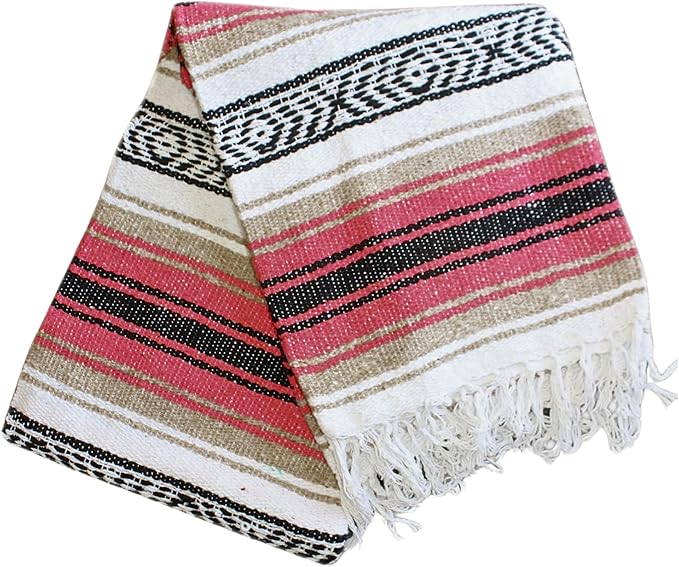 Del Mex Classic Mexican Blanket Large Authentic Woven Falsa Throw (70x50) Artisan Southwest Décor for Beach Yoga Outdoors (Pink/Tan)