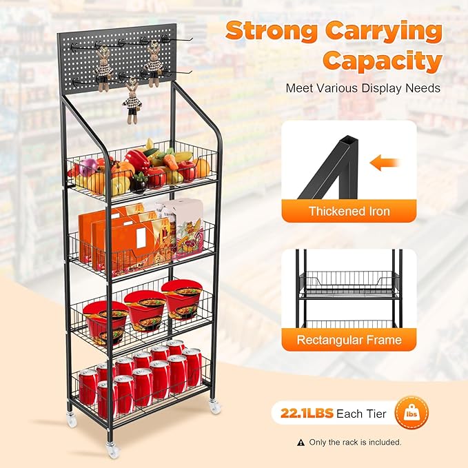 4-Tier Display Rack with Universal Wheels – Retail Display Shelves for Snacks Fruits Vegetables Towels &amp Toys – Mobile Stand Cart for Kitchens Supermarkets and Laundry Rooms