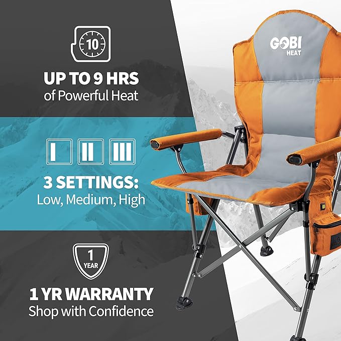 Gobi Heat - Terrain Portable Heated Camping Chair - Outdoor Folding Chair with Heated Filling - Winter Camping Essential - 3 Heat Settings (Sunrise)