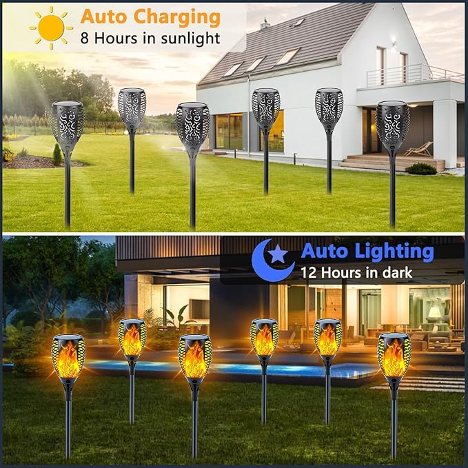 4 Pack Super Larger Size Solar Flame Torch Lights with Flickering Flame Solar Flame Lights Outdoor Waterproof for Garden Decor Extra Bright Tiki Torches Solar Lights Outdoor for Pathway Patio Yard