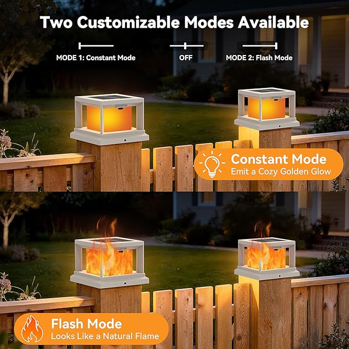 8-Pack Solar Light Outdoor Waterproof Solar Powered Post Cap Light for 4x4 Vinyl/Wooden Post with Flickering Flame White High Brightness SMD LED Deck Cap Lights for Fence Garden Patio Porch