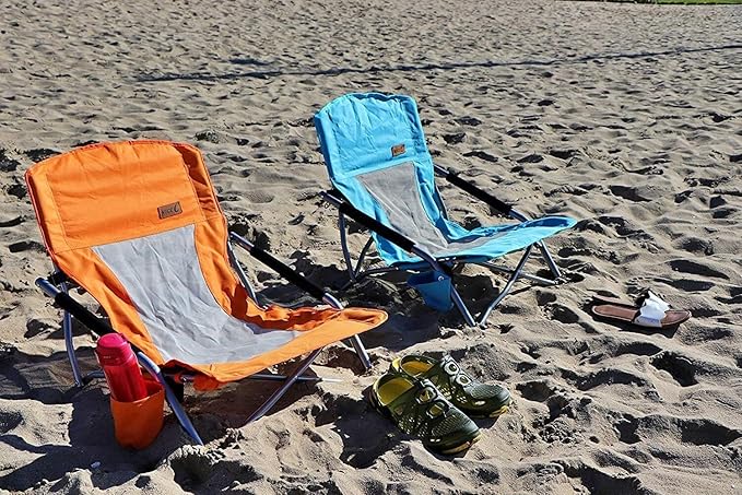 Nice C Low Beach Chair Beach Chairs for Adults 2 Pack Sling Folding Portable Concert Kids Boat Sand Chair with Cup Holder &amp Carry Bag (2 Pack of Blue)