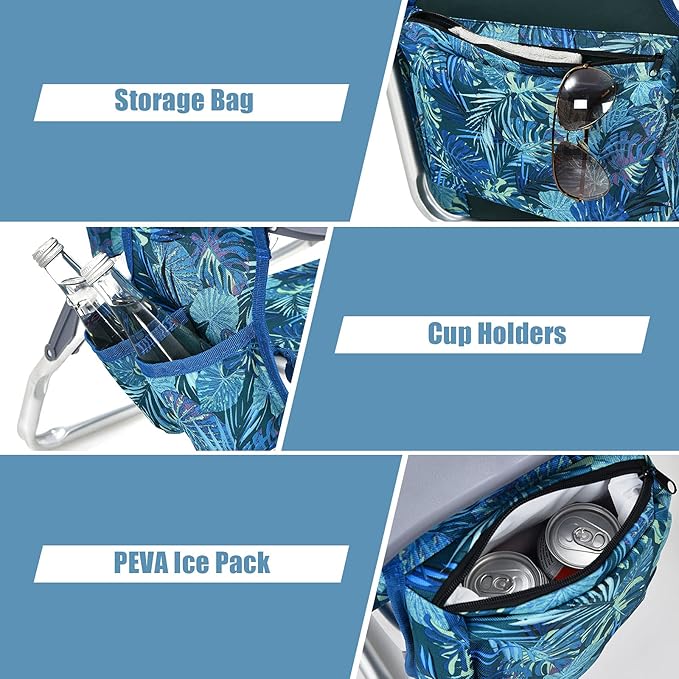 Giantex Folding Beach Chair Patio Sling Chairs with 5 Adjustable Position Head Pillow Storage Bag Towel Bar Cup Holders Backpack Chairs for Sunbathing Camping Chair