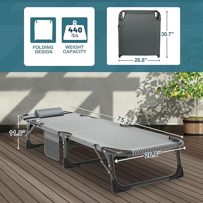 NAIZEA Folding Camping Cot W/Mat for Adults Adjustable Lounge Chair Outdoor Heavy Duty Sleeping Cot Bed Travel Camp Cots for Pool Beach Patio Sunbathing