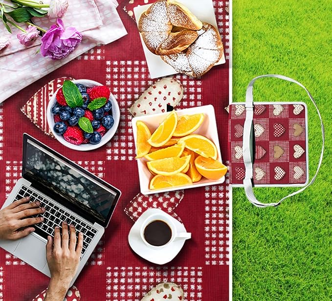 MNSRUU Picnic Blanket Waterproof Foldable Red White Checkered Heart Large Outdoor Picnic Beach Camping Blanket Travel Mat Shoulder Strap Tote Rectangle 57x59in