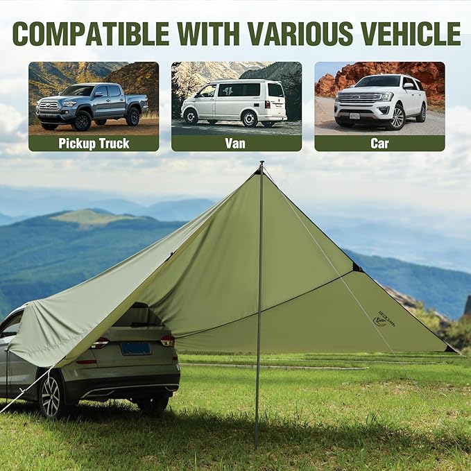 REDACMP 19ft x17ft Large Car Awning Tarp with 2 Poles &amp 2 Suction Cup Hooks Waterproof Camping Tarp Hammock Rain Fly with UV Protection Sun Shelter for SUVVanOverland CampingTailgate CanopyGr
