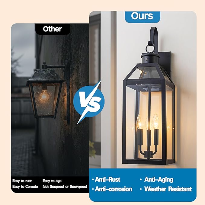 26 Dusk to Dawn Outdoor Wall Light with Sensor - Waterproof Exterior Wall Sconce for Porch Patio Garage Front Door Balcony Entry Modern Hardwired Lantern in Black Metal &amp Glass 3 Light - 2 P