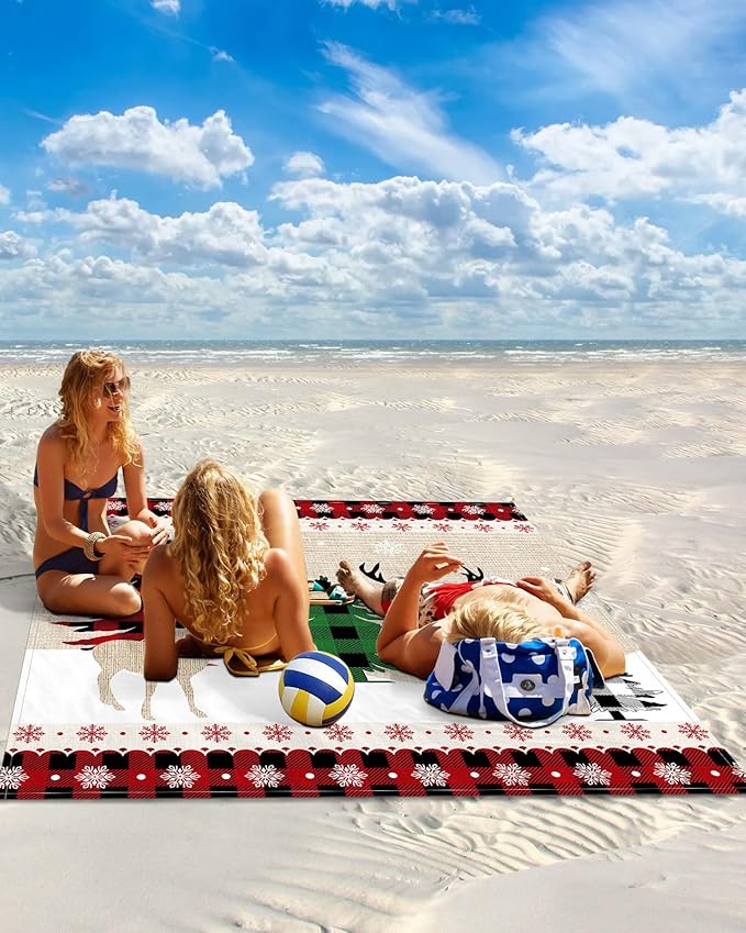 Beach Blanket Waterproof Sandproof OversizedChristmas Tree Elk Shadow Winter Snowflake Beach Mat with Corner Stakes Sand PocketsRed Buffalo Plaid Retro Linen Outdoor Picnic Mat for Travel 95x80In
