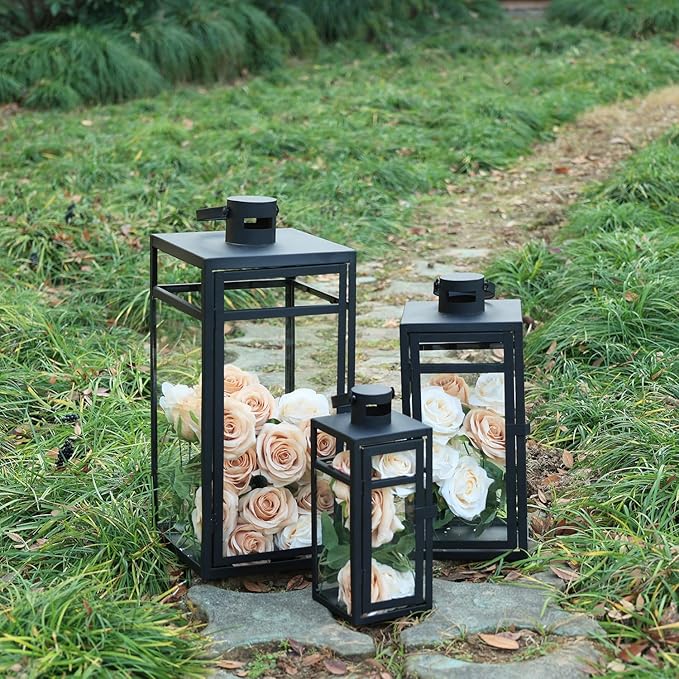 NEEDOMO Stainless Lanterns Decorative Outdoor &amp Indoor Set of 3 Outdoor Lanterns for Porch 22/ 17/14 Candle LanternStainless with Glass Water-Proof Farmhouse Patio Pathway Christmas