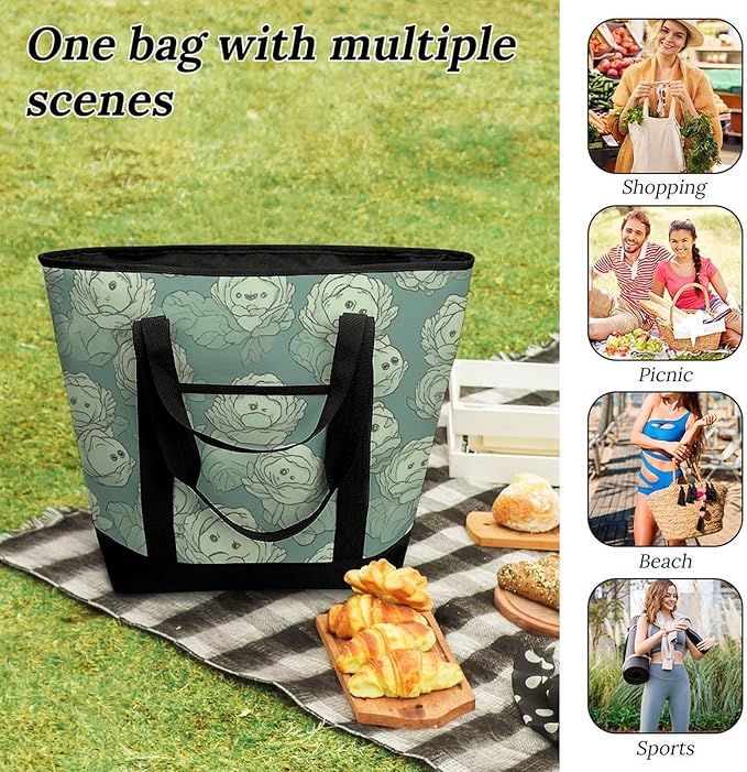 Insulated Shopping BagLarge Reusable Cooler Bags Cabbage Pattern Printed Foldable Shopping BagTravel Waterproof Shoulder Bag
