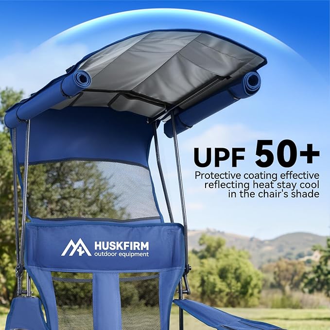 Camping Chair with Canopy Shade - Folding Beach Chair with UPF 50+ Sun Shade Cup Holder Side Pocket Portable Sports Chair for Adults Support 330 LBS Fishing Camp Outdoor Lawn Chair - Blue