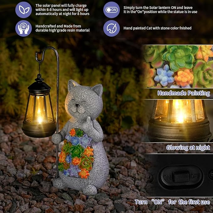 Solar Cat Garden Statue with Succulent Decor Hanging Lantern – Waterproof Resin Outdoor Figurine for Yard Patio Balcony – Gift for Cat Lovers Gardeners