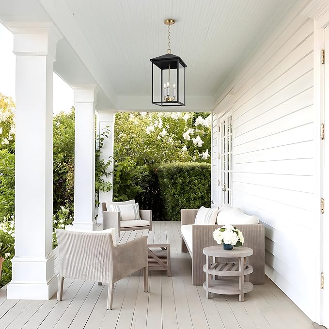LamQee 21.2'' Large Outdoor Pendant Light Fixtures 3-Light Modern Black Exterior Ceiling Hanging Lantern with Gold and White Candle Outside Chandelier Lighting for Front Porch Entryway Patio Gazebo