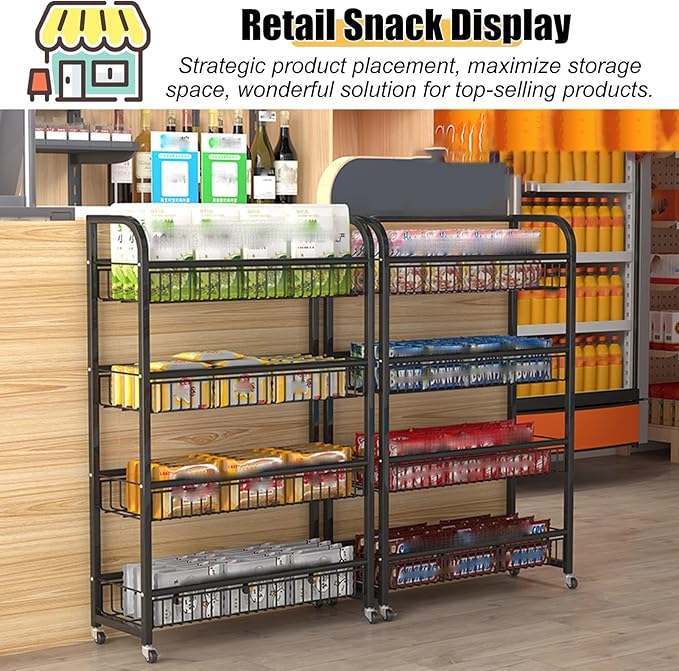 Snack Rack Stand 4-Tier Retail Display Rolling Snack Cart Organizer for Candy/Spice Supermarket Snack Organizer for Desk/Kitchen Black-W-60cm(23.6 in)