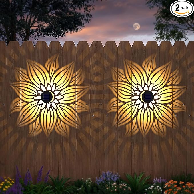 Solar Fence Lights 2 Pack Outdoor Deck Step Wall Lights Metal Waterproof LED Warm Yellow Light for Garden Post Patio Backyard Yard Decor (Flower 2)