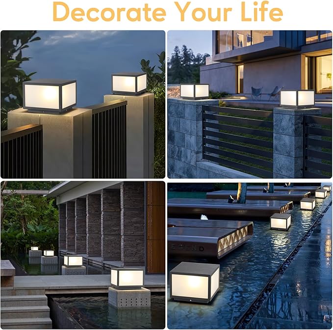 Outdoor Modern Post Light Hard Wired Pillar Lights Square Post Column Caps Lamp for Flat Surface Stainless Steel Fence Deck Cap Lantern Lighting for Patio Garden Driveways IP65 Waterproof 10x10