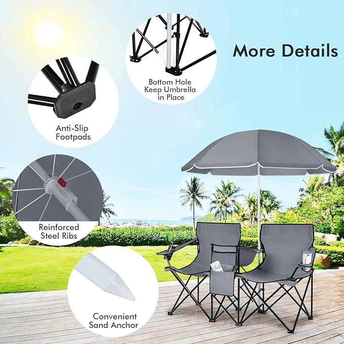 Double Camping Chair with Canopy Folding Camp Chairs w/Cup Holder Cooler &amp Carry Bag Table Side Pocket 2 Person Portable Beach Chair with Umbrella for Picnic Fishing (Grey)