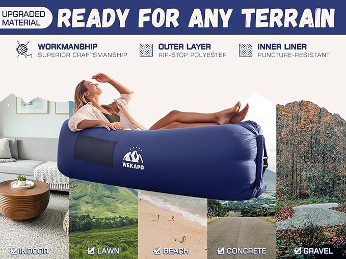 WEKAPO Inflatable Couch with Pump - Easiest Setup Crazy Comfy &amp Ultralight - Blow up Lounger Chair Perfect for Hiking Camping Beach Festivals - Lightweight Air Sofa for Relaxing Anywhere (Navy