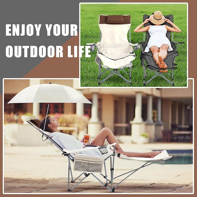 2 Set Reclining Camping Chair with Umbrella Clamp Adjustable Beach Chair with Foot Rest SPF 50+ Folding Shade Camping Lounger Recliner for Adult Outdoor(Grey WhiteOxford)