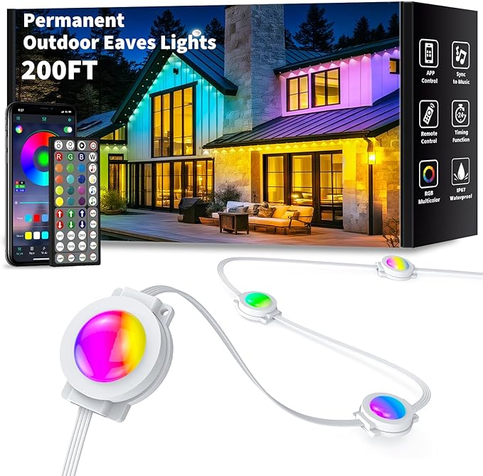 200FT Permanent Outdoor Lights Smart RGB Eaves Lights with App/Remote Control LED IP67 Waterproof Outdoor Lighting for Halloween Christmas Holidays Daily Party House Roof Lighting