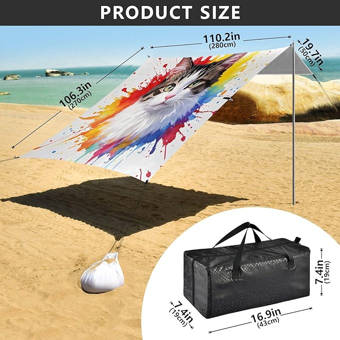 ALAZA Colorful Watercolor Cat Beach Tent Sun Shelter UPF50+ Protection Beach Shade Canopy w/ 4 Sandbags for Outdoor Camping Fishing Backyard Fun Picnic 10x9 ft
