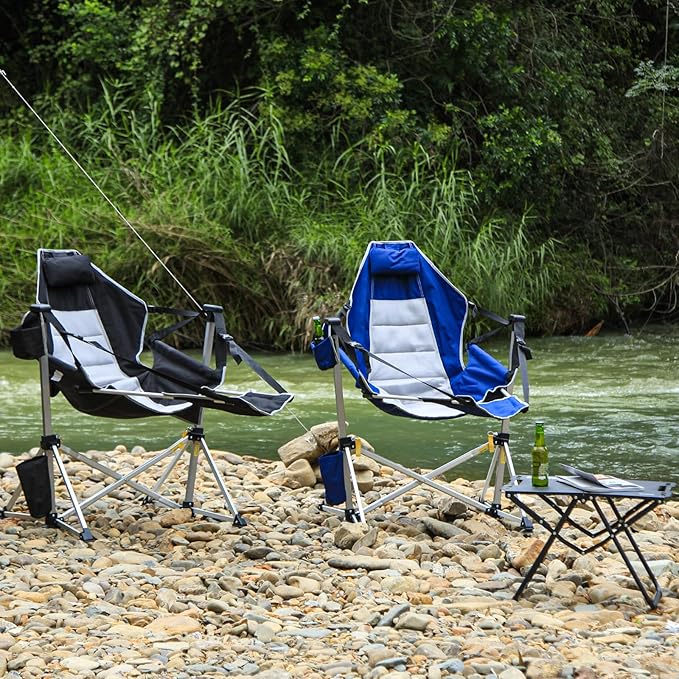Romswi 2-Pack Aluminum Hammock Chair with Footrest Oversized Portable Folding Swinging Chair with Adjustable Back &amp Seat Lightweight Rocking Camp Chair Supports 440lbs for Outdoor Patio - Blue