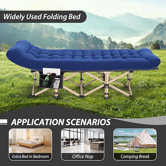 Folding Camping Cot for Sleeping Portable Cots for Adults Heavy Duty Cot Bed 550LBS(Max Load) Extra Wider Cots with Large Pocket for Outdoor Office Beach