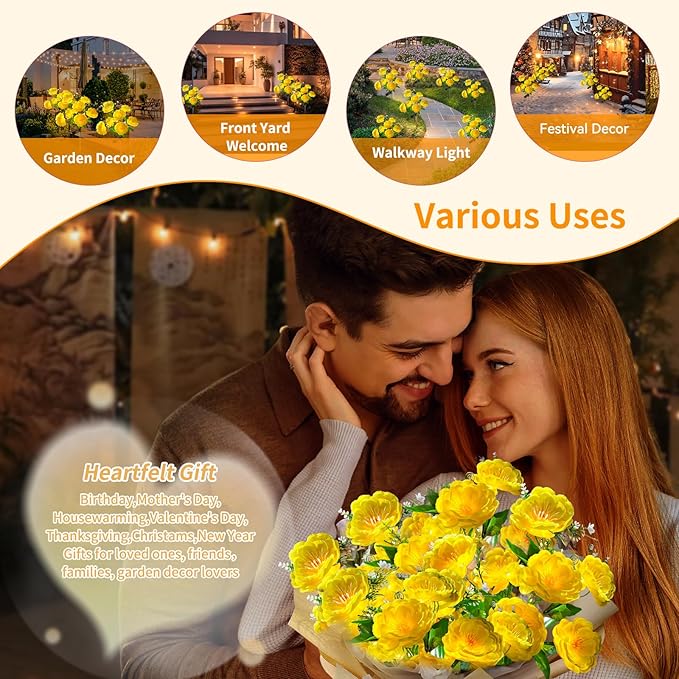 Neporal Solar Flowers Outdoor Waterproof 4PK 7-Stem Yellow Camellia with 2 Lighting Modes &amp Romantic Warm Light Solar Lights Outdoor Decorative for Garden Yard Pathway Gardening Gifts for Wom