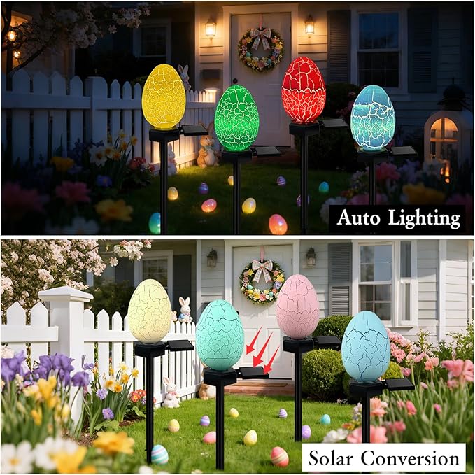 4 Pack Solar Easter Egg Lights Outdoor Waterproof Solar Easter Yard Decorations Outdoor Easters Yard Stakes Lights for Outside Lawn Walkway Patio Cemetery Grave (Red/Yellow/Green/Blue)
