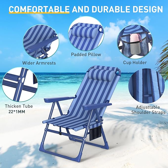 Slendor Backpack Beach Chair 6-Positions Beach Chairs for Adults with Cooler Bag Reclining Chair with Cup Holder Folding Camping Chair for Outside