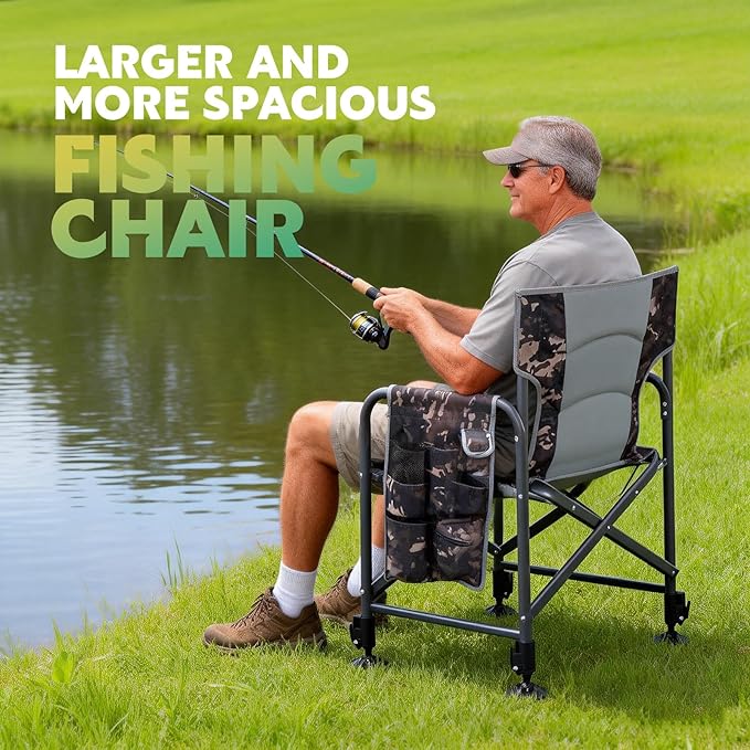 Fishing Chair with Rod Holder Folding Heavy Duty Ice Fishing Camping Chair with Liftable Cooler Bag Cup Holder Adjustable Legs