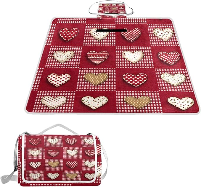 MNSRUU Picnic Blanket Waterproof Foldable Red White Checkered Heart Large Outdoor Picnic Beach Camping Blanket Travel Mat Shoulder Strap Tote Rectangle 57x59in