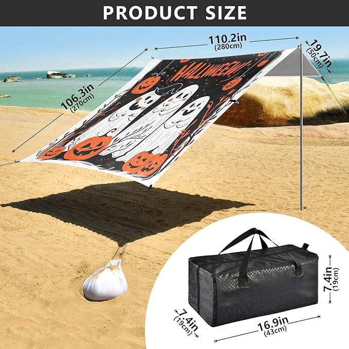 ALAZA Halloween Pumpkin Ghosts Beach Tent Sun Shelter UPF50+ Protection Beach Shade Canopy w/ 4 Sandbags for Outdoor Camping Fishing Backyard Fun Picnic 10x9 ft