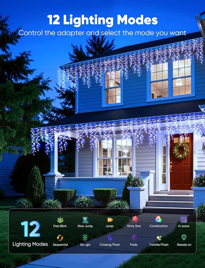Brightown Cluster Icicle Lights Outdoor Waterproof 33FT 1020 LED Icicle Lights with 51 Drop12 Mode Timer for Christmas Outdoor House Decoration Blue White