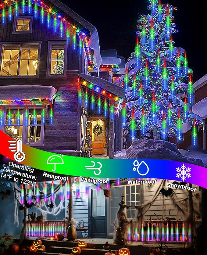 Christmas Meteor Shower Lights 20 in 20 Tube Automatic Changing Cascading Rain Lights with 12 Modes Waterproof Outdoor Xmas Decor for House Yard Wedding Party